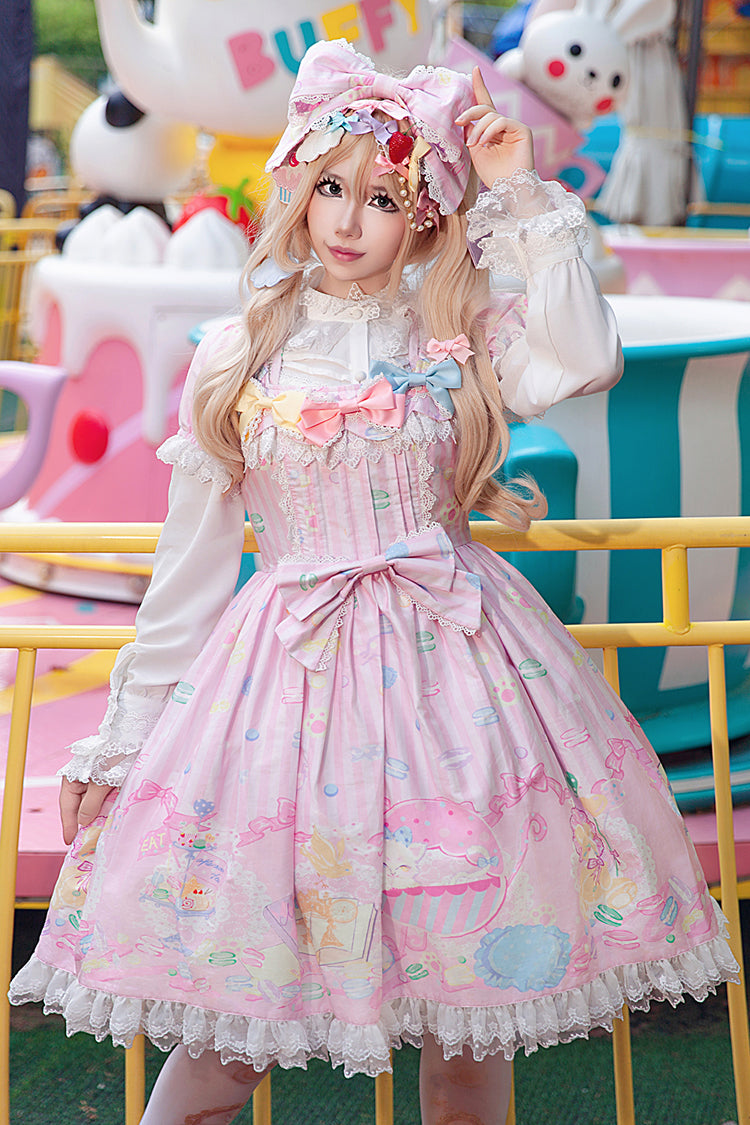 Sweet Lolita Dress - Macaron Dolly House, 3 Colors, Printed, Bow Detail - S Pink / M Pink / L Pink option