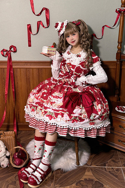 Sweet Lolita Dress - Mint Strawberry Dessert Doll, 4 Colors, Bow Detail, Ruffled, Printed - additional product view 5