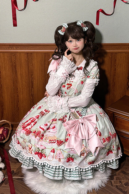 Sweet Lolita Dress - Mint Strawberry Dessert Doll, 4 Colors, Bow Detail, Ruffled, Printed - additional product view 7