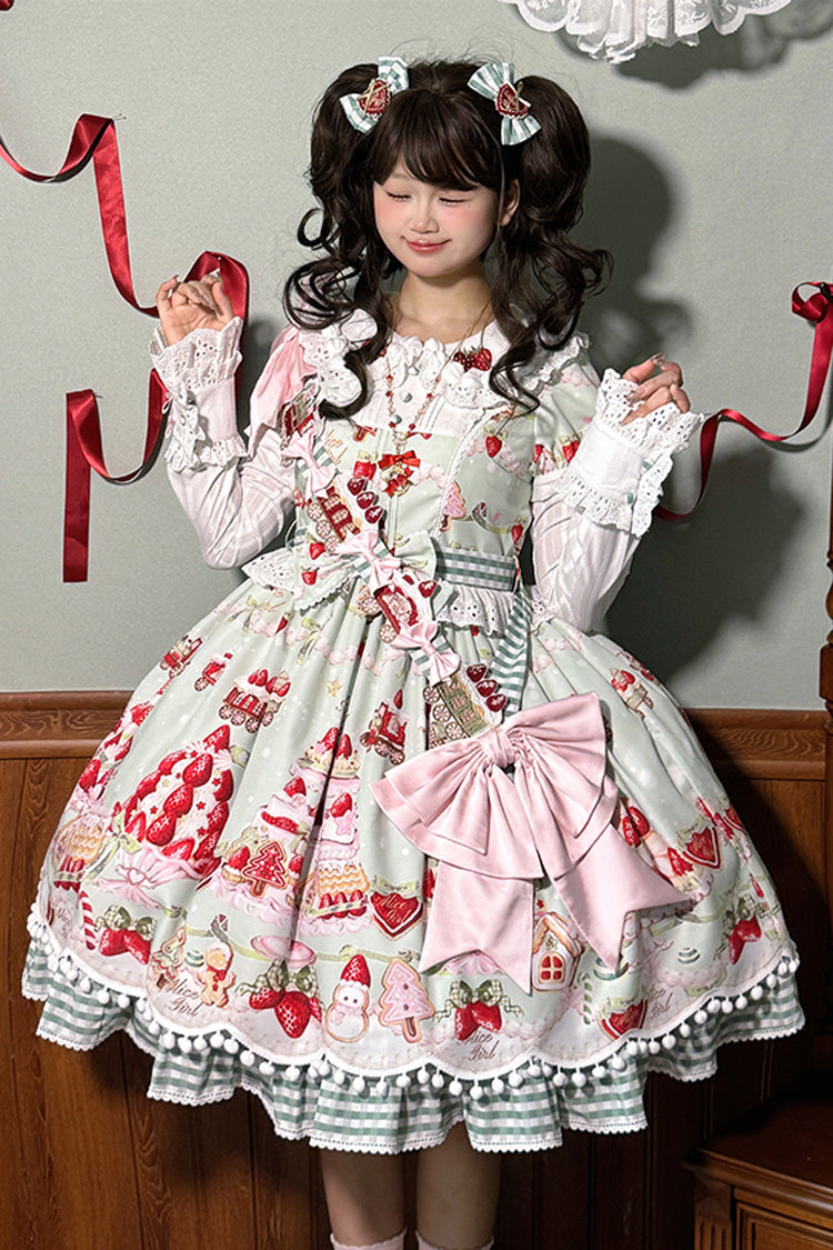 Sweet Lolita Dress - Mint Strawberry Dessert Doll, 4 Colors, Bow Detail, Ruffled, Printed - additional product view 8