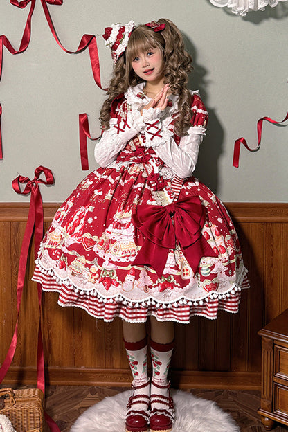 Sweet Lolita Dress - Mint Strawberry Dessert Doll, 4 Colors, Bow Detail, Ruffled, Printed - main product image