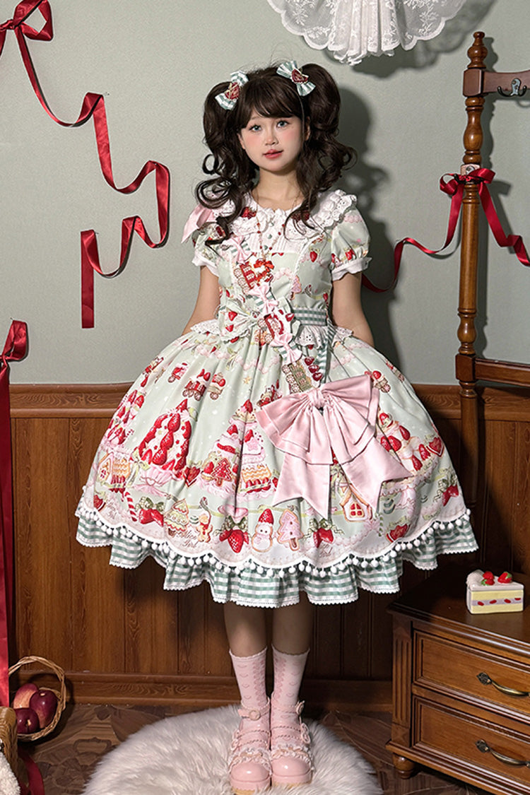 Sweet Lolita Dress - Mint Strawberry Dessert Doll, 4 Colors, Bow Detail, Ruffled, Printed - XS Green / S Green / M Green option