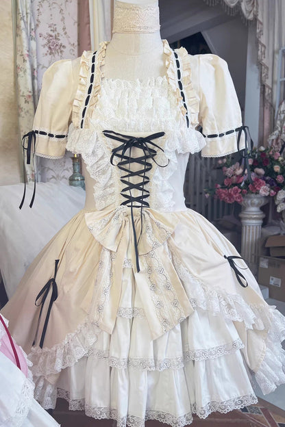 Sweet Lolita Dress - Miss Rella, 9 Colors, Detachable Detail, Layered, Lace-Up - XS Apricot / S Apricot / M Apricot option