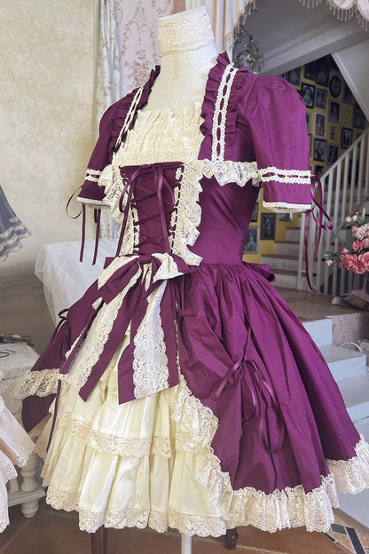Sweet Lolita Dress - Miss Rella, 9 Colors, Detachable Detail, Layered, Lace-Up - XS Plum / S Plum / M Plum option