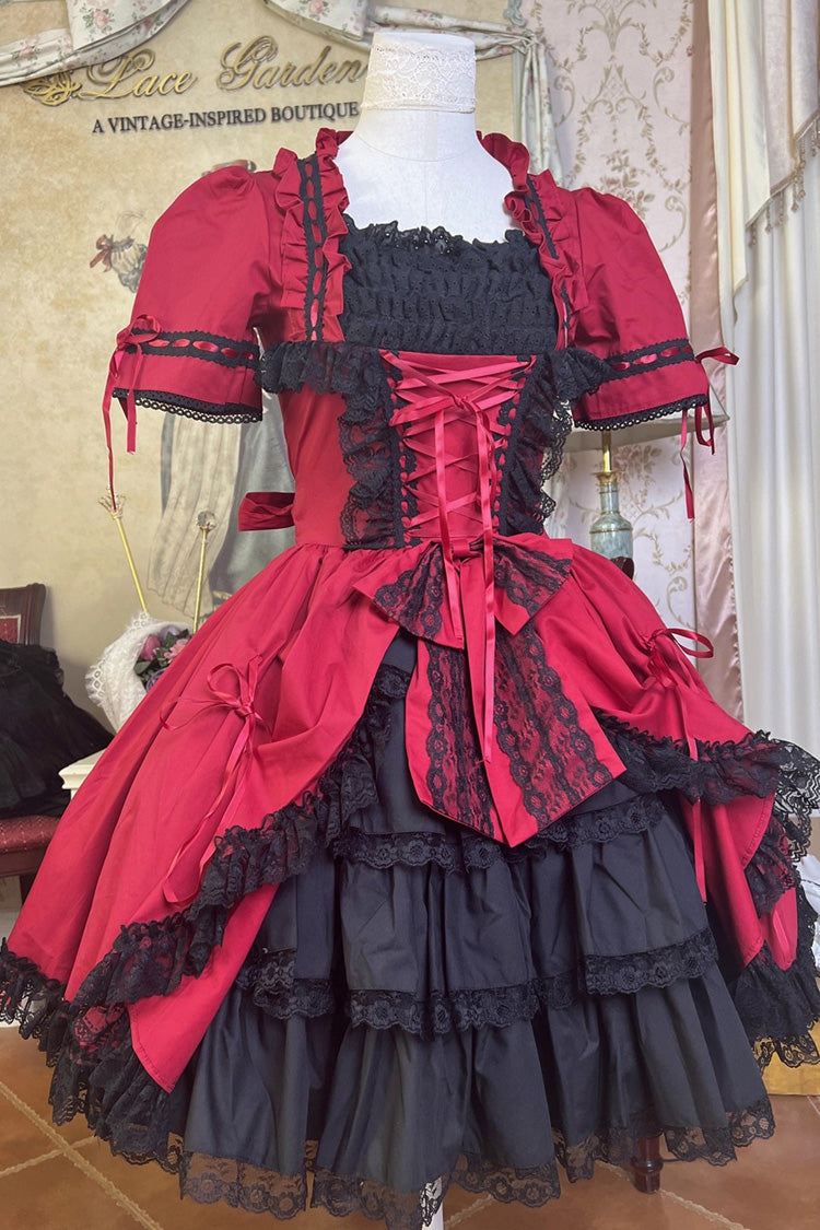 Sweet Lolita Dress - Miss Rella, 9 Colors, Detachable Detail, Layered, Lace-Up - XS Wine-Red / S Wine-Red / M Wine-Red option