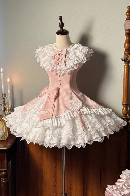 Sweet Lolita Dress - Miss Tsundere, Pink, Bow Detail, Lace Trim, Ruffled - main product image