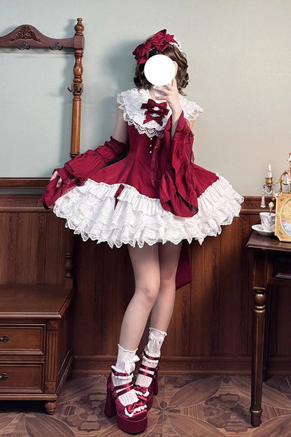 Sweet Lolita Dress - Miss Tsundere, Red, Bow Detail, Lace Trim, Ruffled - additional product view 12