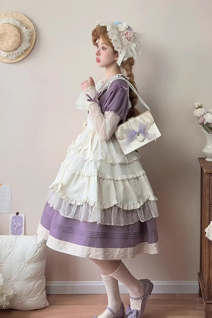 Sweet Lolita Dress - Mist Over Flowers Along The Path, Purple, Long Sleeves, Bow Detail - additional product view 2