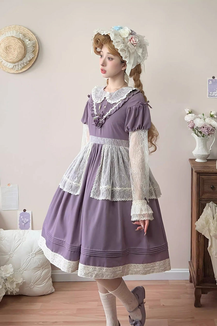 Sweet Lolita Dress - Mist Over Flowers Along The Path, Purple, Long Sleeves, Bow Detail - additional product view 3