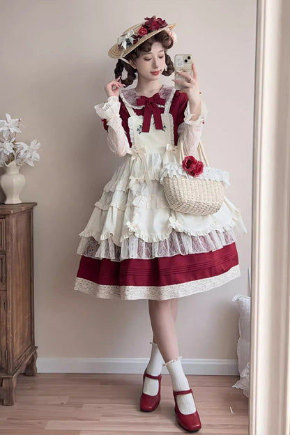 Sweet Lolita Dress - Mist Over Flowers Along The Path, Red, Bow Detail, Lace Trim - additional product view 2