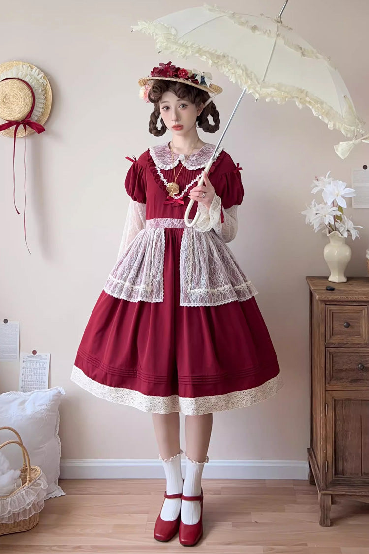 Sweet Lolita Dress - Mist Over Flowers Along The Path, Red, Bow Detail, Lace Trim - additional product view 3