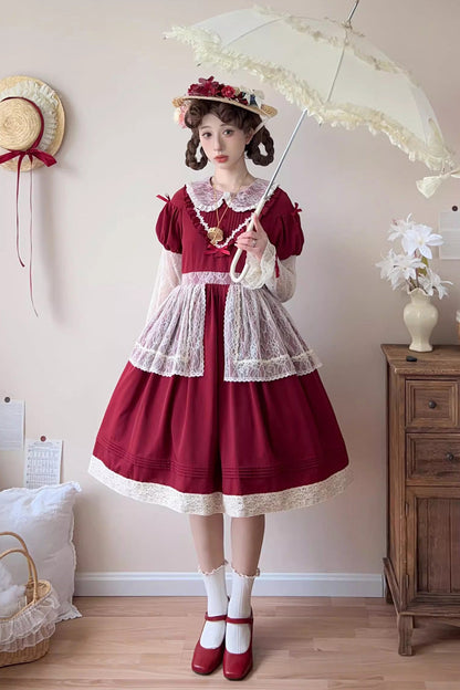 Sweet Lolita Dress - Mist Over Flowers Along The Path, Red, Bow Detail, Lace Trim - additional product view 3