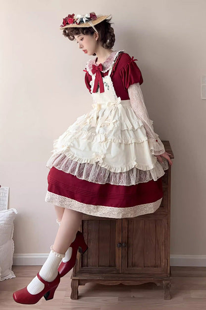 Sweet Lolita Dress - Mist Over Flowers Along The Path, Red, Bow Detail, Lace Trim - additional product view 4