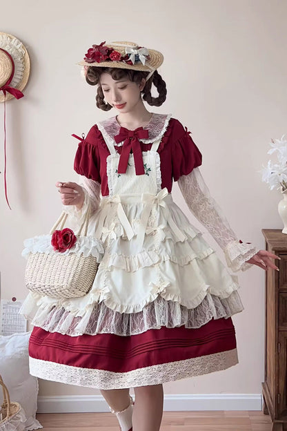 Sweet Lolita Dress - Mist Over Flowers Along The Path, Red, Bow Detail, Lace Trim - additional product view 5