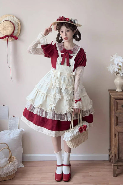 Sweet Lolita Dress - Mist Over Flowers Along The Path, Red, Bow Detail, Lace Trim - main product image