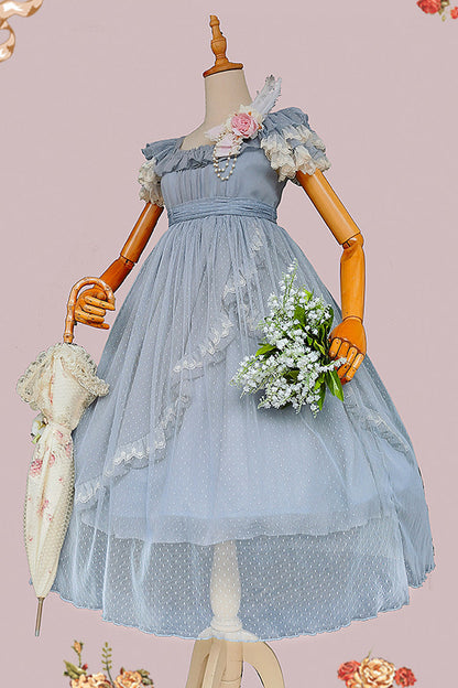 Sweet Lolita Dress - Moon Goddess *mediana*, Blue, Ruffled, Printed, Bow Detail - additional product view 3