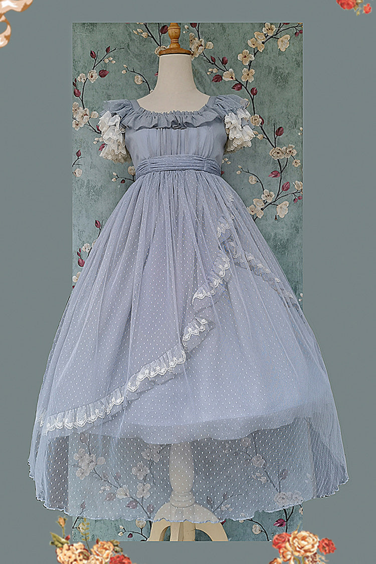 Sweet Lolita Dress - Moon Goddess *mediana*, Blue, Ruffled, Printed, Bow Detail - additional product view 4