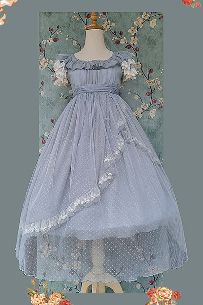 Sweet Lolita Dress - Moon Goddess *mediana*, Blue, Ruffled, Printed, Bow Detail - additional product view 4