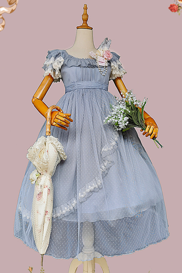 Sweet Lolita Dress - Moon Goddess *mediana*, Blue, Ruffled, Printed, Bow Detail - main product image