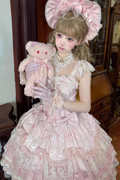 Sweet Lolita Dress - Moonlit Sakura Ode, Pink, Ruffled, Layered, Bow Detail - additional product view 2