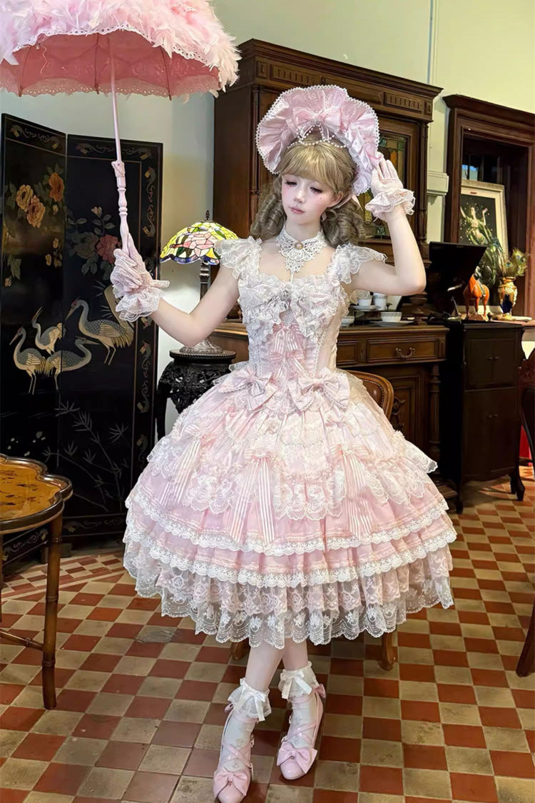 Sweet Lolita Dress - Moonlit Sakura Ode, Pink, Ruffled, Layered, Bow Detail - additional product view 3
