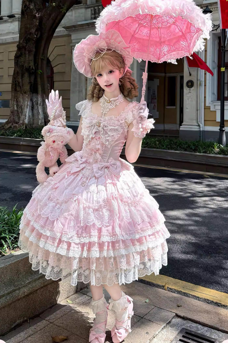 Sweet Lolita Dress - Moonlit Sakura Ode, Pink, Ruffled, Layered, Bow Detail - additional product view 5