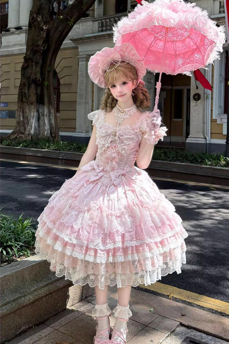 Sweet Lolita Dress - Moonlit Sakura Ode, Pink, Ruffled, Layered, Bow Detail - main product image
