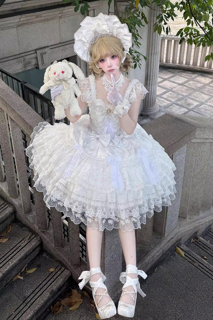 Sweet Lolita Dress - Moonlit Sakura Ode, White, Layered, Bow Detail, Lace Trim - additional product view 2