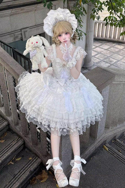 Sweet Lolita Dress - Moonlit Sakura Ode, White, Layered, Bow Detail, Lace Trim - additional product view 2