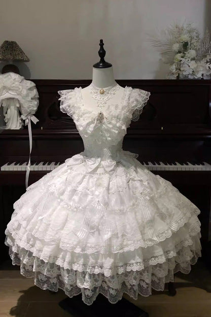 Sweet Lolita Dress - Moonlit Sakura Ode, White, Layered, Bow Detail, Lace Trim - additional product view 3