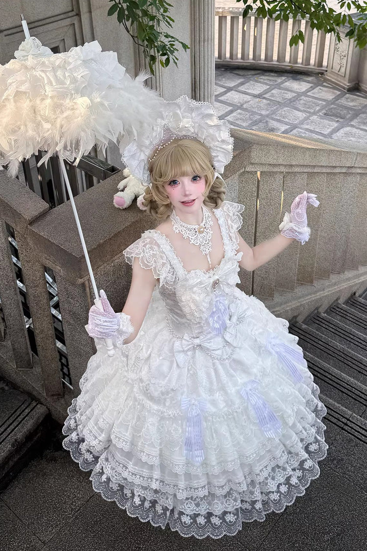 Sweet Lolita Dress - Moonlit Sakura Ode, White, Layered, Bow Detail, Lace Trim - additional product view 5