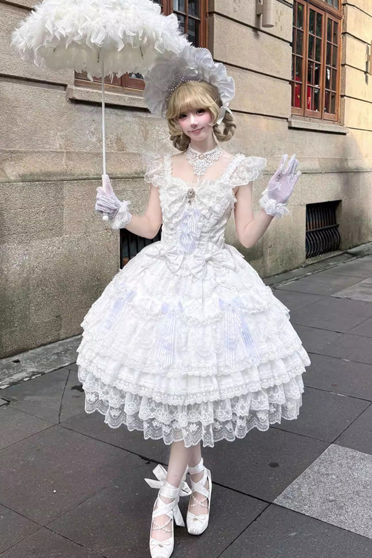 Sweet Lolita Dress - Moonlit Sakura Ode, White, Layered, Bow Detail, Lace Trim - additional product view 6