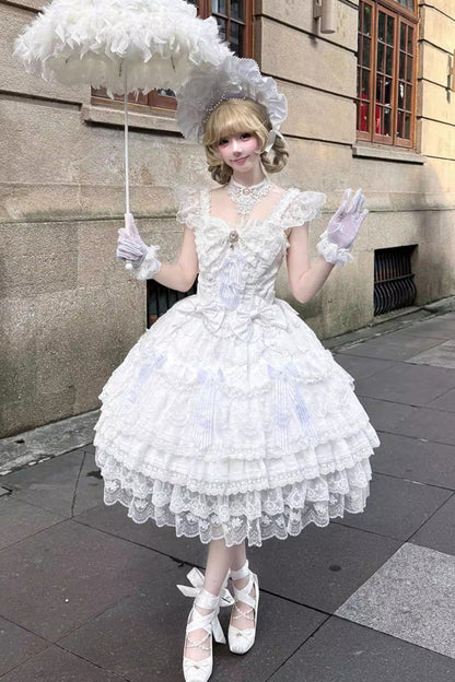 Sweet Lolita Dress - Moonlit Sakura Ode, White, Layered, Bow Detail, Lace Trim - additional product view 6