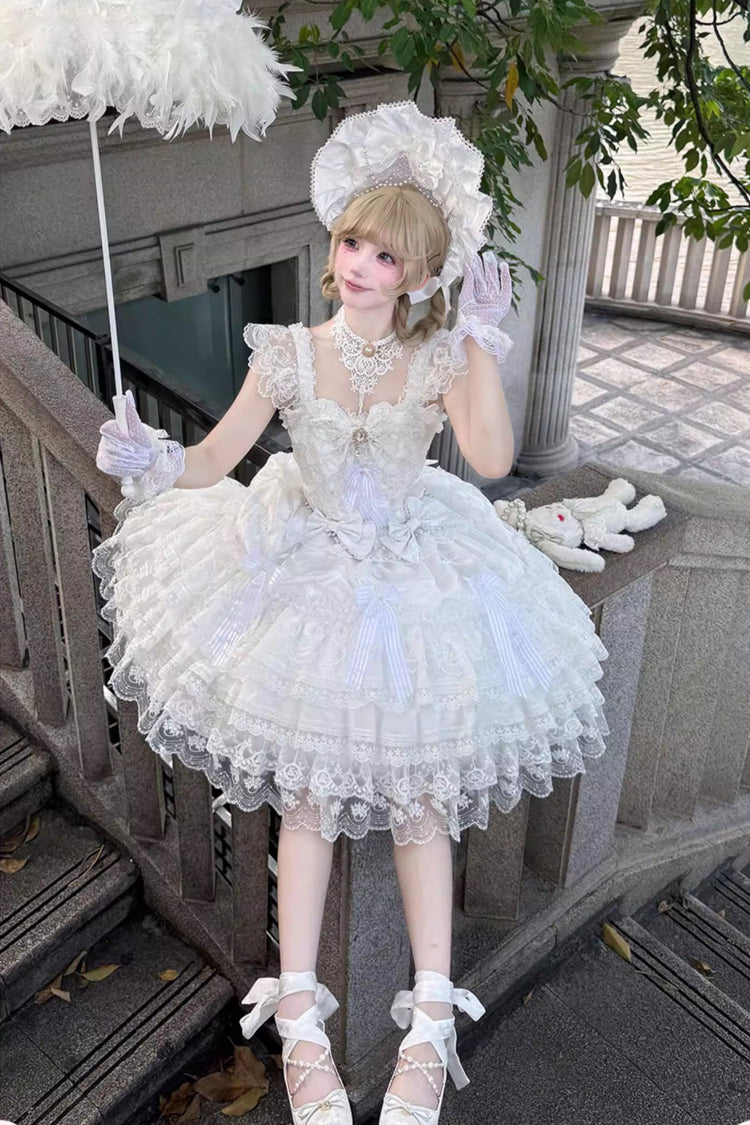 Sweet Lolita Dress - Moonlit Sakura Ode, White, Layered, Bow Detail, Lace Trim - additional product view 7