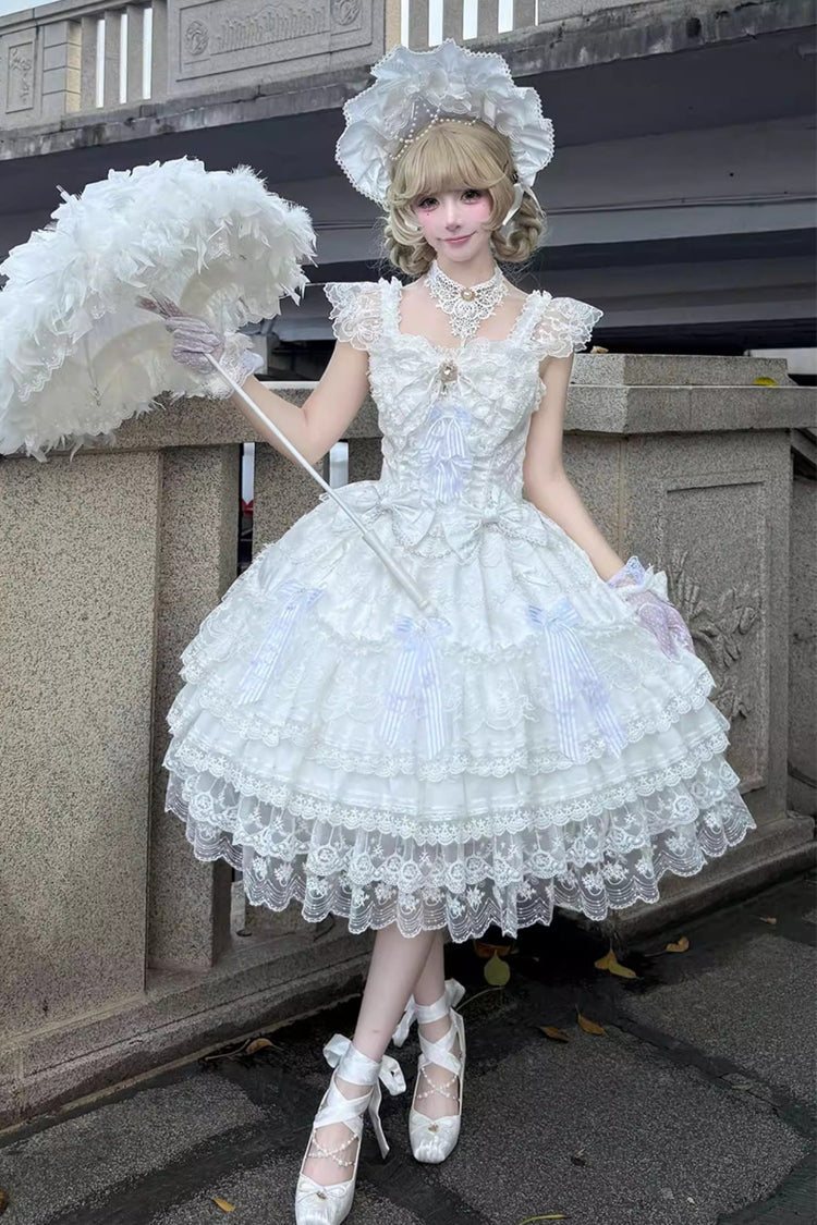 Sweet Lolita Dress - Moonlit Sakura Ode, White, Layered, Bow Detail, Lace Trim - main product image