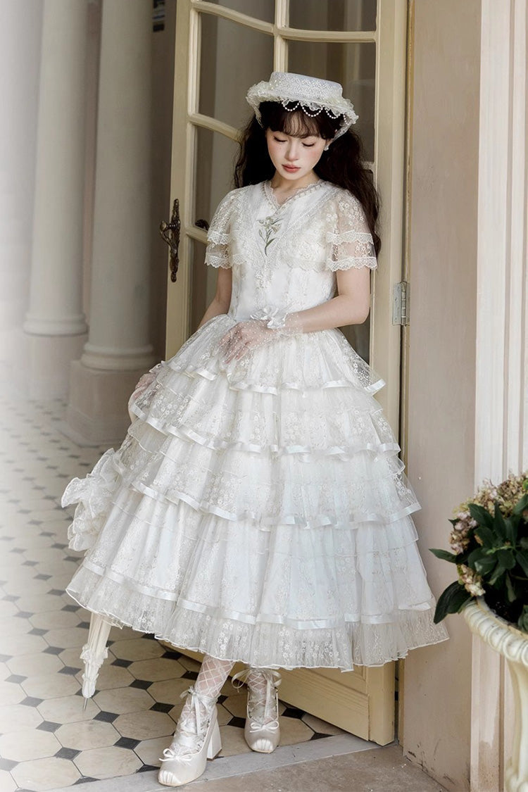Sweet Lolita Dress - Morning Dew Lily, White, Ruffled, Embroidered, Layered - additional product view 3