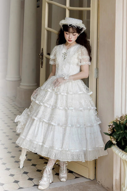 Sweet Lolita Dress - Morning Dew Lily, White, Ruffled, Embroidered, Layered - additional product view 3