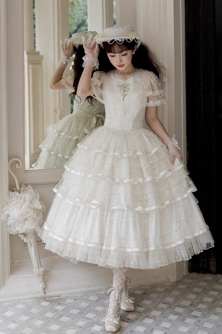 Sweet Lolita Dress - Morning Dew Lily, White, Ruffled, Embroidered, Layered - main product image
