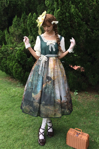 Sweet Lolita Dress - Morning In The Pine Forest, Green, Square Collar, Printed, Bow Detail - additional product view 2