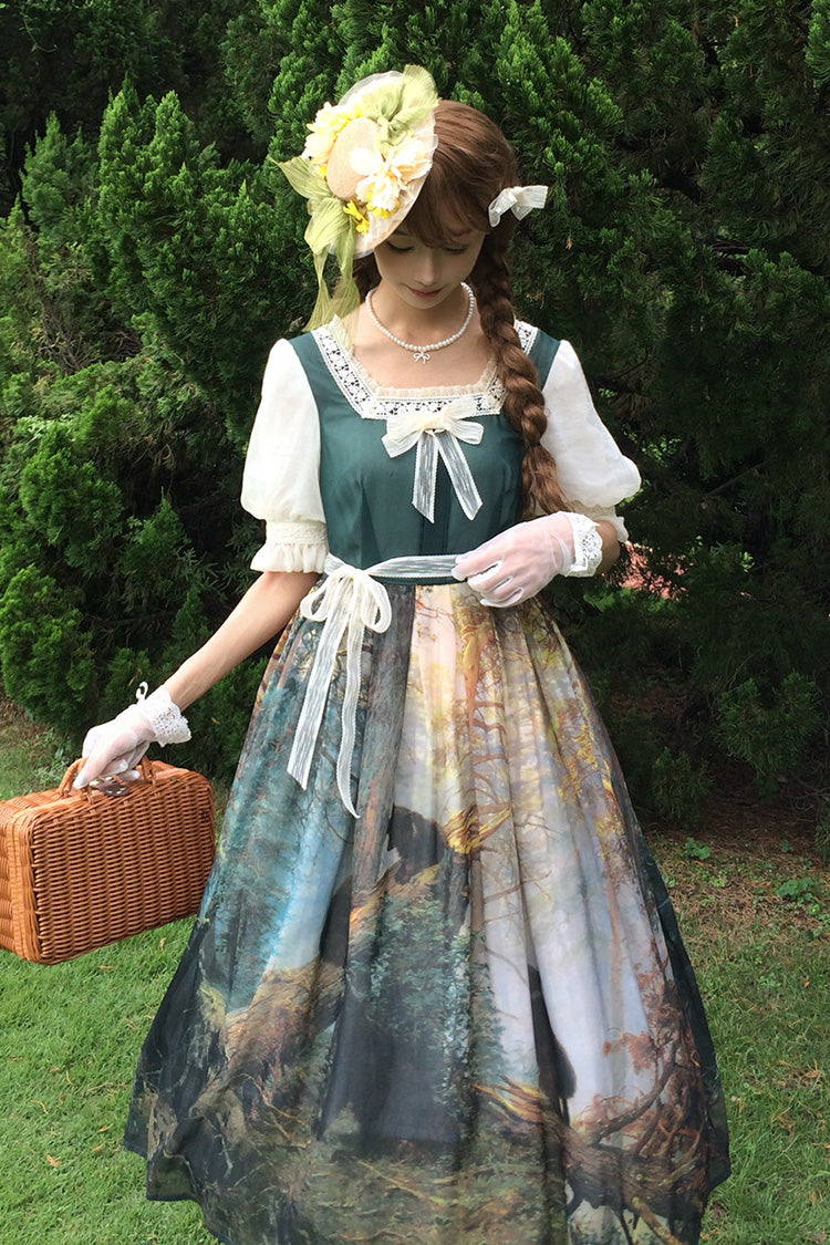 Sweet Lolita Dress - Morning In The Pine Forest, Green, Square Collar, Printed, Bow Detail - additional product view 3