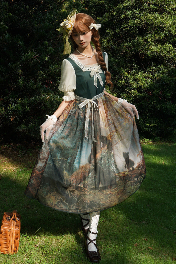 Sweet Lolita Dress - Morning In The Pine Forest, Green, Square Collar, Printed, Bow Detail - additional product view 4