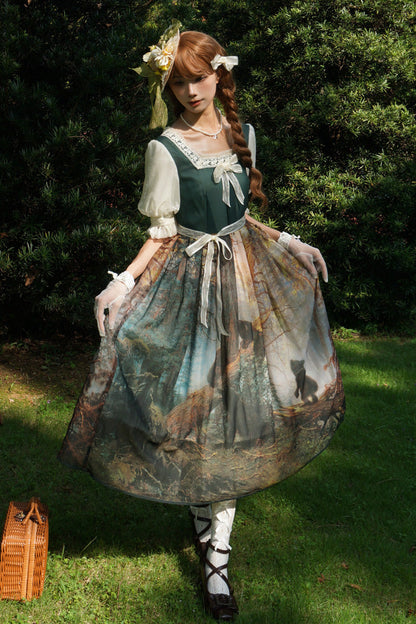 Sweet Lolita Dress - Morning In The Pine Forest, Green, Square Collar, Printed, Bow Detail - additional product view 4