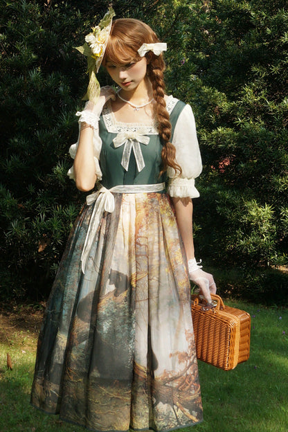 Sweet Lolita Dress - Morning In The Pine Forest, Green, Square Collar, Printed, Bow Detail - additional product view 5