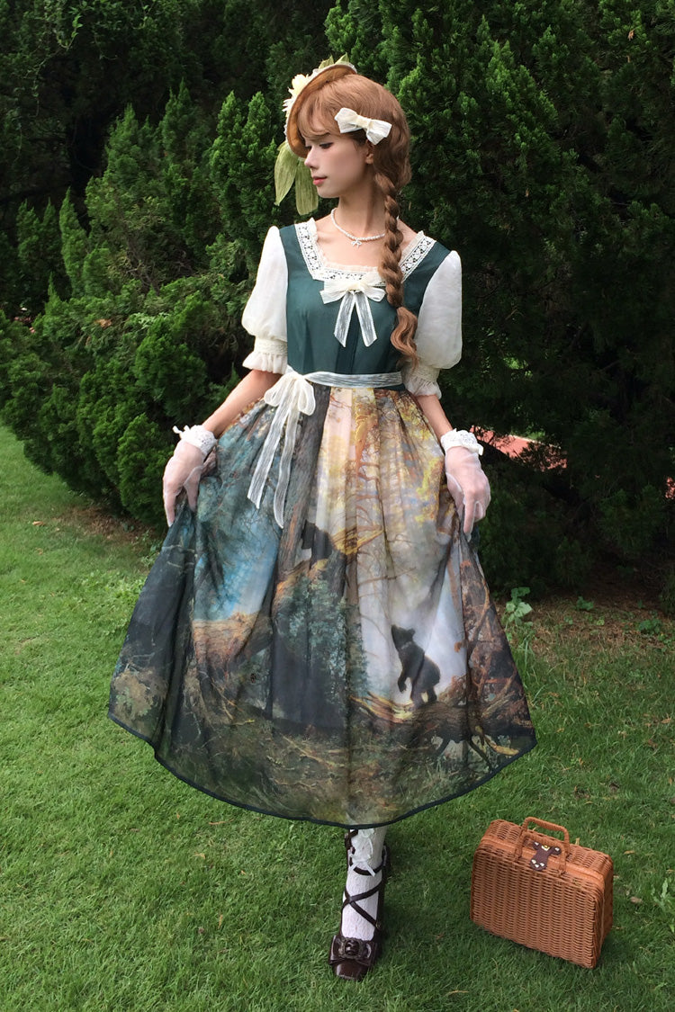 Sweet Lolita Dress - Morning In The Pine Forest, Green, Square Collar, Printed, Bow Detail - additional product view 6