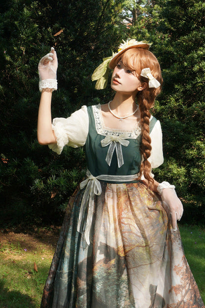 Sweet Lolita Dress - Morning In The Pine Forest, Green, Square Collar, Printed, Bow Detail - additional product view 7