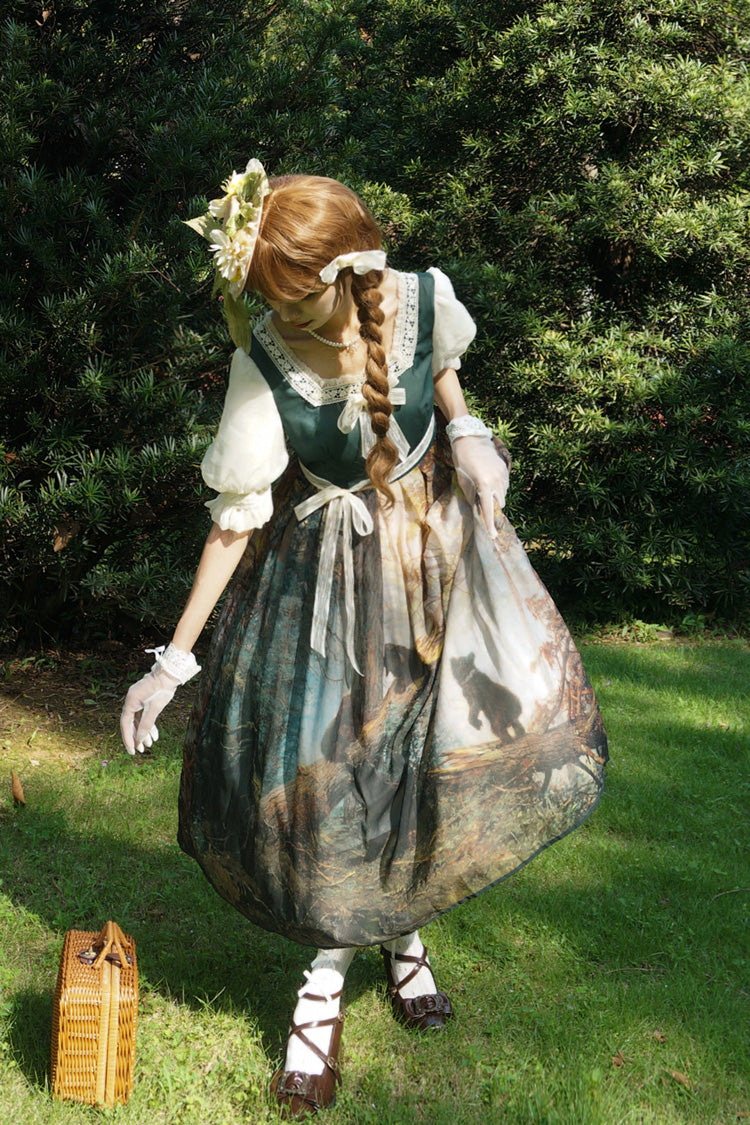 Sweet Lolita Dress - Morning In The Pine Forest, Green, Square Collar, Printed, Bow Detail - additional product view 8