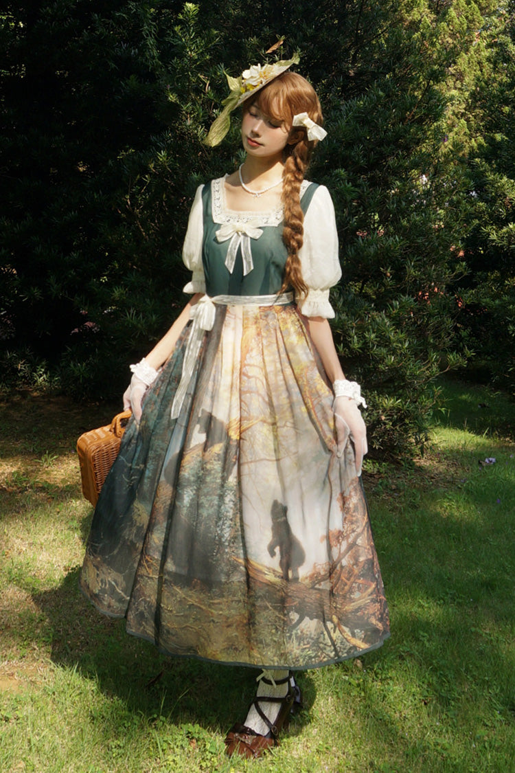 Sweet Lolita Dress - Morning In The Pine Forest, Green, Square Collar, Printed, Bow Detail - main product image