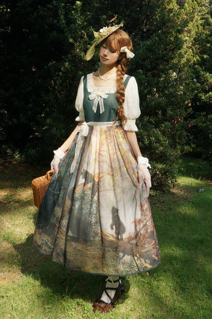 Sweet Lolita Dress - Morning In The Pine Forest, Green, Square Collar, Printed, Bow Detail - main product image