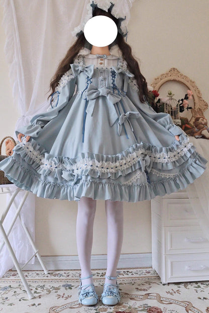 Sweet Lolita Dress - Multi-color, 3 Colors, Bow Detail, Ruffled, Embroidered - S Blue / M Blue / L Blue option