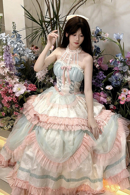 Sweet Lolita Dress - Multi-color Mermaid Halterneck, Multi-Color, Lace-Up, Bow Detail - main product image